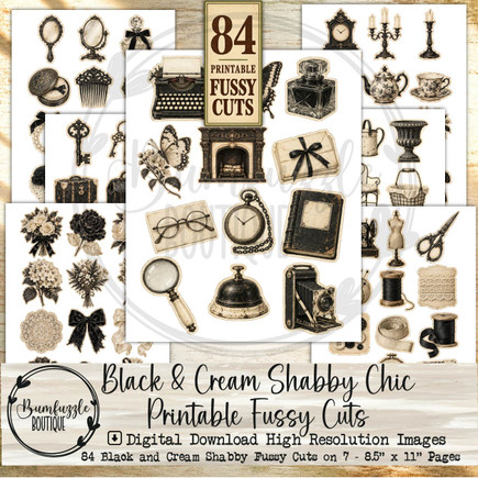 Black & Creme Shabby Chic Printable Fussy Cuts – 84 Vintage Images (Digital Download)