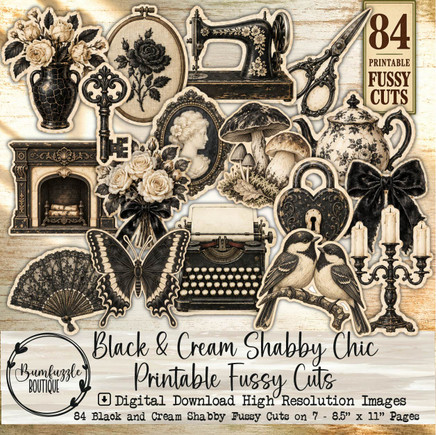 Black & Creme Shabby Chic Printable Fussy Cuts – 84 Vintage Images (Digital Download)