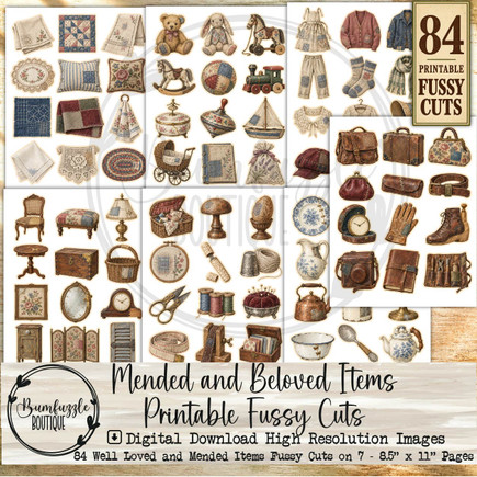 Mended and Beloved Items Printable Fussy Cuts – 84 Well-Loved Images (Digital Download)