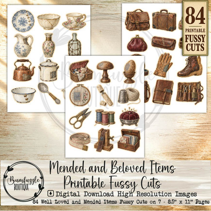 Mended and Beloved Items Printable Fussy Cuts – 84 Well-Loved Images (Digital Download)