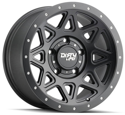 (Clearance - No Returns) 17x9 Dirty Life 9305 Theory Matte Black w/ Simulated Beadlock Black Ring 5x5/127 -12mm