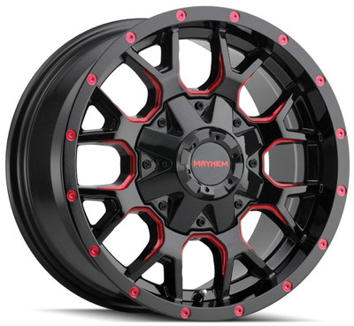 (Clearance - No Returns) 17x9 Mayhem Warrior 8015BTR Gloss Black w/ Prism Red 6x135 6x5.5/139.7 18mm (Clearance - No Returns) 17x9 Mayhem Warrior 8015BTR Gloss Black w/ Prism Red 6x135 6x5.5/139.7 18mm