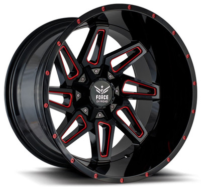 20x12 Force Off-Road F02 Black w/ Red Milled (* May Require Trimming) 5x5.5/139.7 5x150 -44mm 20x12 Force Off-Road F02 Black w/ Red Milled (* May Require Trimming) 5x5.5/139.7 5x150 -44mm