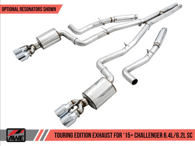 AWE Tuning 15-21 Dodge Challenger 6.4L/6.2L SC Resonated Touring Edition Exhaust - Quad Silver Tips 3015-42138 AWE Tuning 15-21 Dodge Challenger 6.4L/6.2L SC Resonated Touring Edition Exhaust - Quad Silver Tips 3015-42138