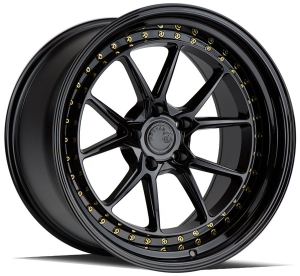 18x9.5 Aodhan DS08 Gloss Black w/ Gold Rivets (Flow Formed) 5x4.5/114.3 22mm