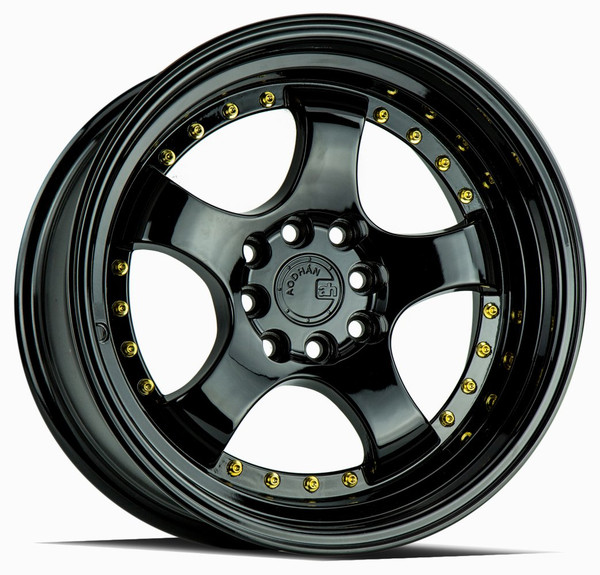 17x9 Aodhan AH03 Gloss Black w/ Gold Rivet 5x100 5x4.5/114.3 25mm