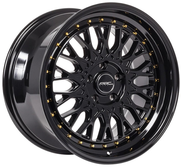 18x8.5 ARC AR1 Gloss Black w/ Gold Rivets 5x4.25/108 35mm (CUSTOM)