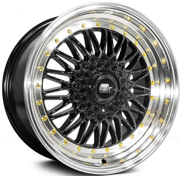 16x8 MST MT13 Gloss Black w/Machined Lip Gold Rivets 5x100 5x4.5/114.3 20mm