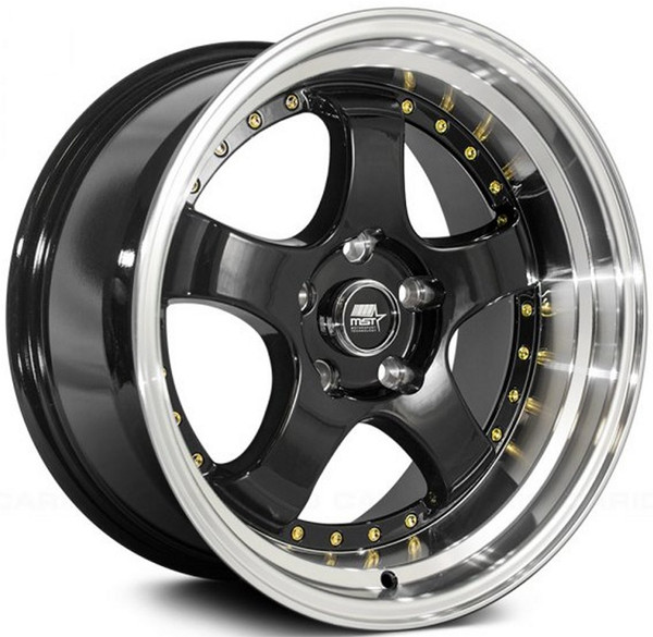 17x9 MST MT07 Gloss Black w/ Machined Lip Gold Rivets 5x4.5/114.3 20mm