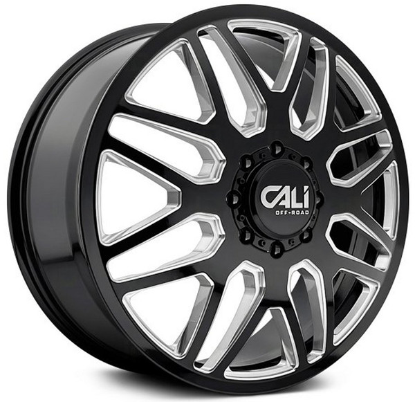 22x8.25 Cali Off-Road Invader Dually Front 9115D Gloss Black w/ Milled Spokes 8X210 115MM 154.2 C.B.