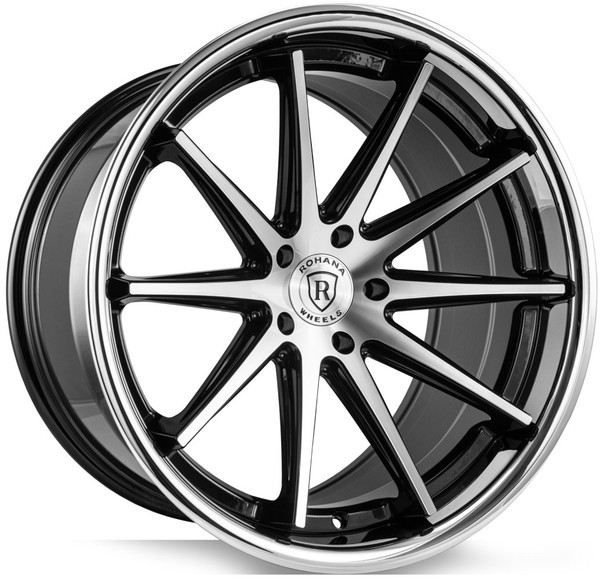 22x9 Rohana RFC10 Gloss Black Machined w/ Chrome Stainless Steel Lip (Flow Formed) 5x120 30mm