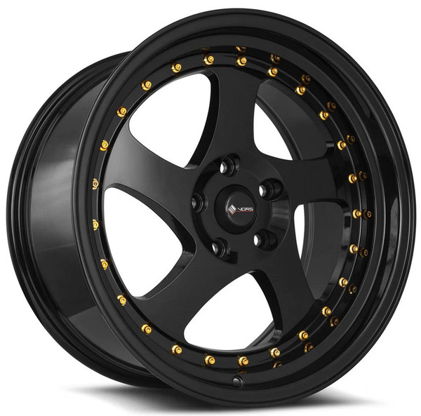 18x8 Vors VR2 Glos Black w/ Gold Rivets 5x4.5/114.3 35mm