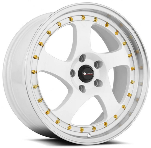 18x9 Vors VR2 White Machined w/ Gold Rivets 5x4.5/114.3 35mm