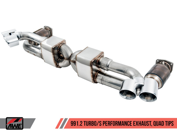 AWE Tuning Porsche 991.2 Turbo Performance Exhaust and High-Flow Cat Sections - Silver Quad Tips 3015-42084