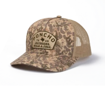 Poncho Outdoors The Game Hat 6-panel mesh-back trucker cap in camo, front view on white background
