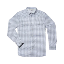 Poncho Outdoors The Blackfin long-sleeve western pearl snap shirt in Navy and Blue Plaid, front view on white background