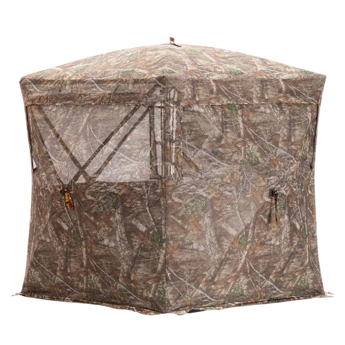 Rhino 270 Hunting Pop-Up Blind in Realtree camo, fully zipped closed