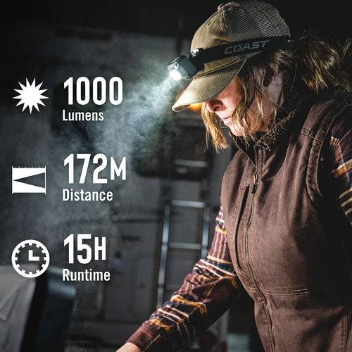 Woman wearing the Coast FLX10R headlamp with 1000 lumens, 172 meter beam and 15 hour run time callouts