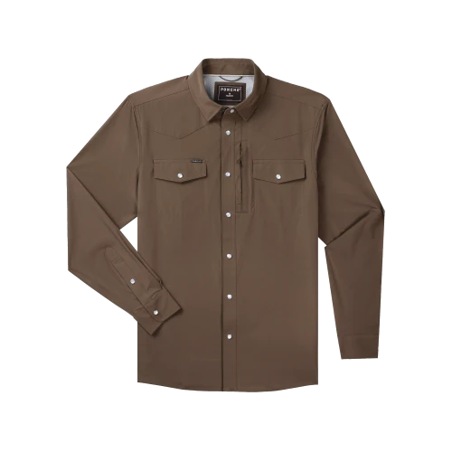Poncho Western Tuff-Thread long sleeve pearl snap shirt in The Lewis, a solid brown, front view