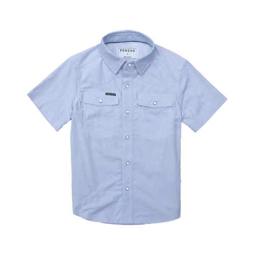 Front view of The Head Honcho Poncho Youth Western Short Sleeve Shirt in blue micro-check.