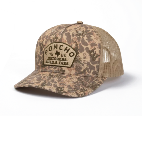 Poncho Outdoors The Game Hat 6-panel mesh-back trucker cap in camo, front view on white background