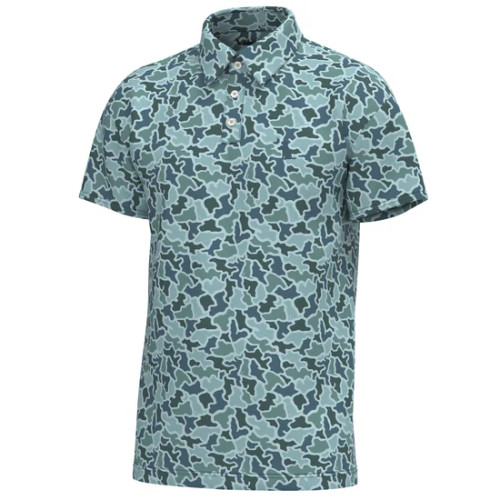Local Boy youth dirty myrtle polo in a blue dog and moon camo, front view