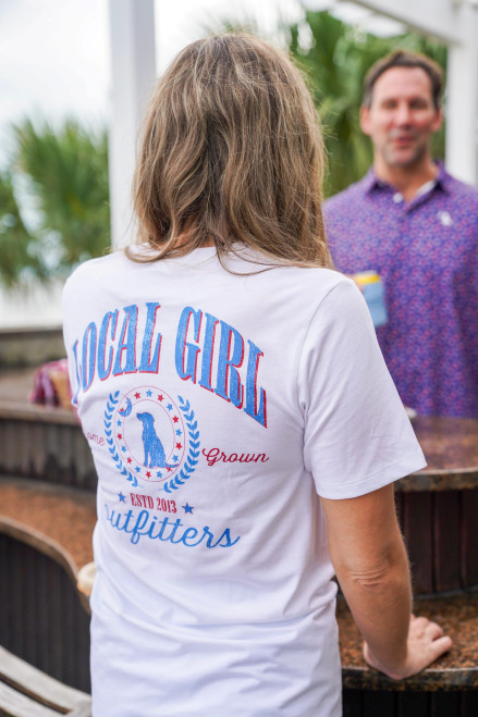 LOCAL GIRL LG VINTAGE USA SHORT SLEVE TEE. SEEN HERE ON MODEL.