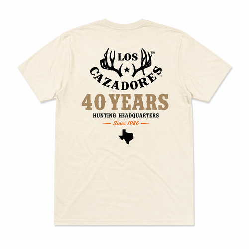 Back view of the Los Cazadores 40 Years Short Sleeve Tee in cream featuring the 40 Years Hunting Headquarters graphic on a white background.