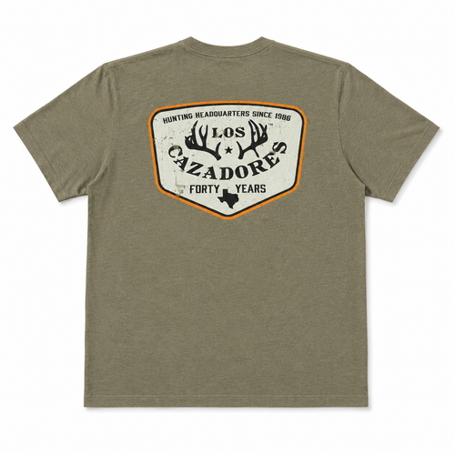 Back view of the Los Cazadores Special Edition 40th Year Badge Short Sleeve Tee in olive heather featuring the commemorative 40th Year Badge graphic on a white background.
