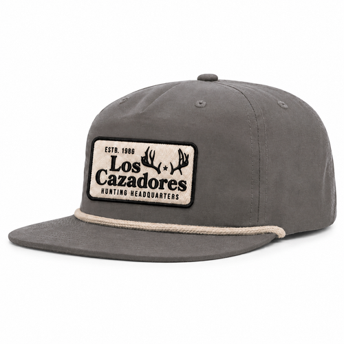 Los Cazadores gray flat brim rope cap featuring a lifelike embroidered front patch, structured crown, and clean whitebox product view for online listing.