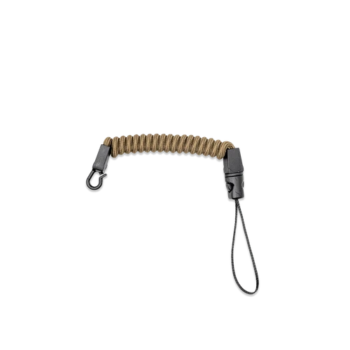 Marsupial Rangefinder Tether small in Coyote Brown with coiled cord, quick-attach hook and nylon loop