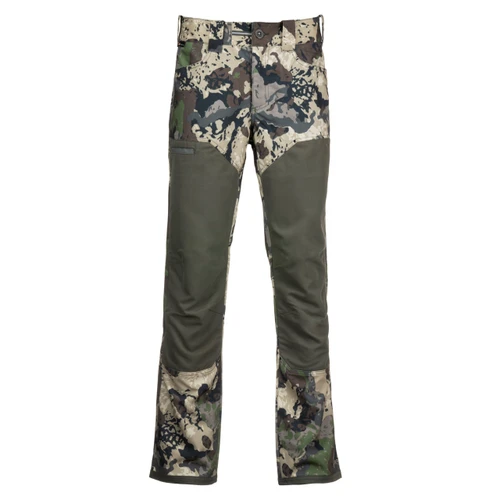 Pnuma Brushguard Pant in Caza camo with reinforced overlays, front view