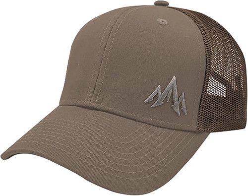Pnuma Mountain Mesh Trucker Cap in Beluga with embroidered Pnuma mountain logo