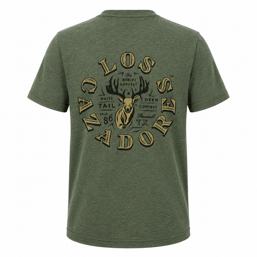 Back view of Los Cazadores heather olive green short sleeve t-shirt displayed on a ghost mannequin against a white background. Features a large vintage-style Los Cazadores deer contest graphic centered on the back with antlers, deer illustration, and heritage-inspired typography in tan and black tones.