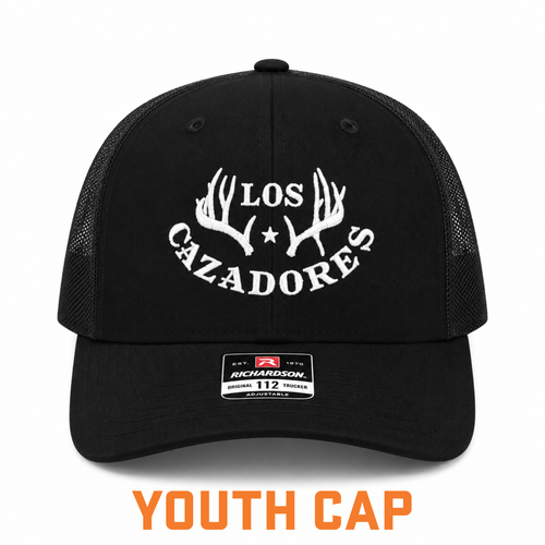 Front view of Los Cazadores Horns Logo Youth Richardson Cap in Black with Black Mesh Coloring with white background.