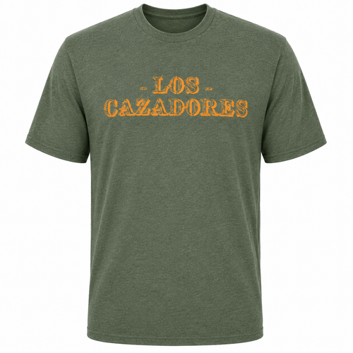 Front view of a Los Cazadores adult short-sleeve t-shirt displayed on an invisible ghost mannequin against a white background. The olive heather crew neck tee features a large distressed orange "LOS CAZADORES" graphic centered across the chest in a vintage western-style font. The shirt has a classic relaxed fit, short sleeves, and a soft heathered fabric texture. Clean ecommerce-style product image highlighting the bold front graphic and casual outdoor lifestyle aesthetic.
