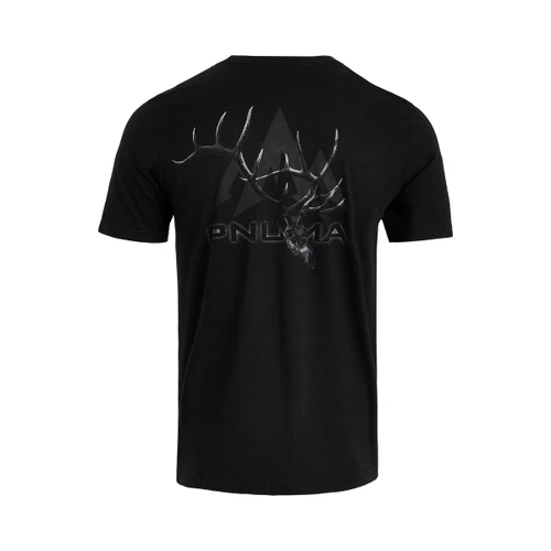 Pnuma Dark Elk Tee Shirt in Black, back view with tonal elk skull graphic