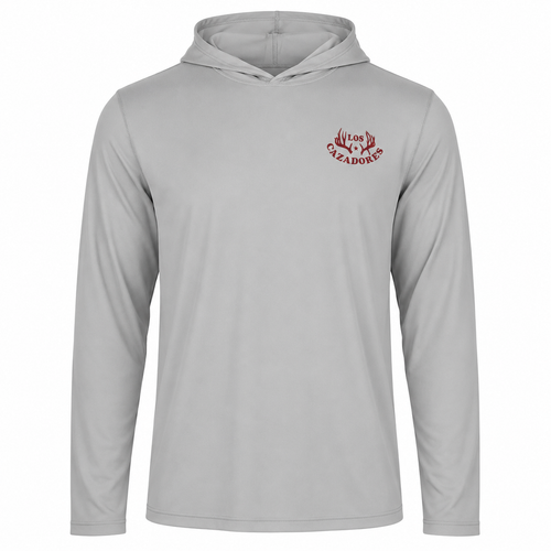 Light gray Los Cazadores performance sun hoodie displayed on a ghost mannequin against a white background. Features a lightweight long-sleeve hooded design with a small red Los Cazadores antler logo printed on the left chest, moisture-wicking fabric, and athletic fit for outdoor hunting and fishing activities.