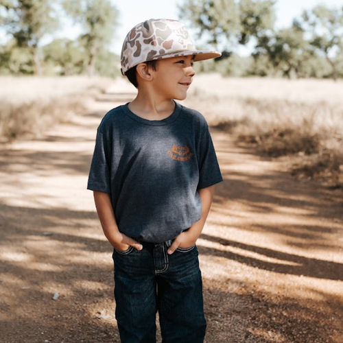 LOS CAZADORES YOUTH FEED STORE SHORT SLEEVE TEE HEATHER NAVY
