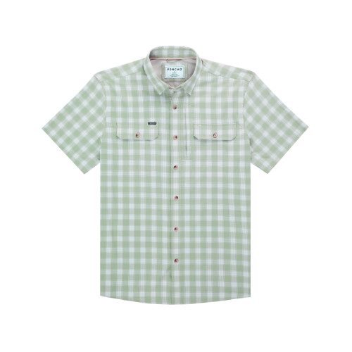 Poncho The Original short sleeve performance fishing shirt in a light green and white check, front view