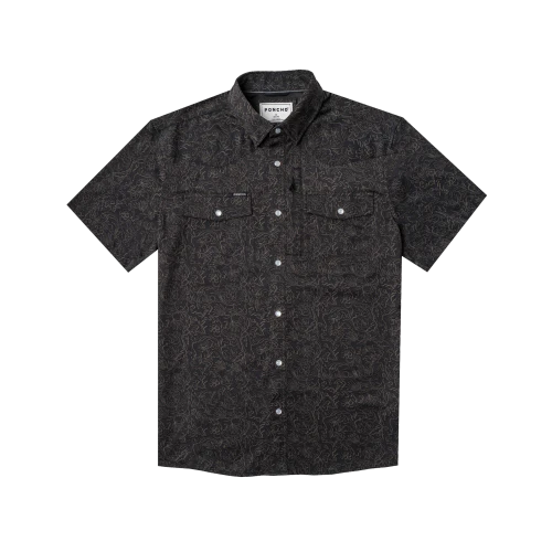 Poncho Outdoors The John Coffee short-sleeve western pearl snap shirt in Black Floral Print front view on white background