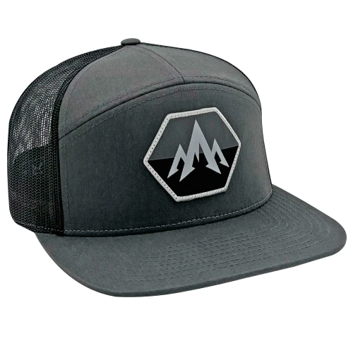 Pnuma Hex Flat Brim Trucker Cap in Charcoal with hexagon Pnuma patch
