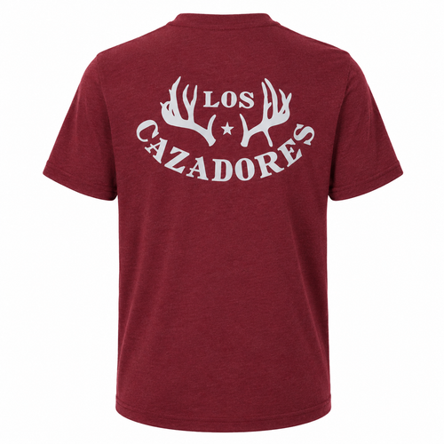 Back view of a maroon heather Los Cazadores short sleeve t-shirt displayed on a ghost mannequin against a white background. Features a large white Los Cazadores antler logo graphic centered across the upper back with antlers, star, and bold text.