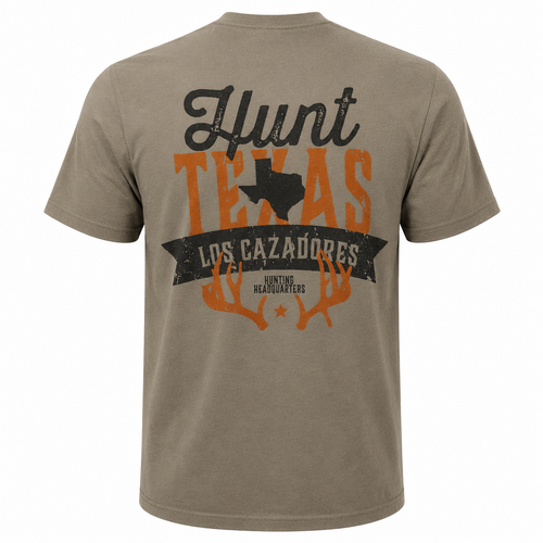 Back view of a khaki heather Los Cazadores short-sleeve T-shirt displayed on an invisible ghost mannequin against a pure white background. The shirt features a large distressed graphic with "Hunt Texas" text, a Texas state silhouette, Los Cazadores banner logo, orange antler artwork, and "Hunting Headquarters" branding centered across the back. Classic crewneck design with a relaxed fit and outdoor-inspired styling.