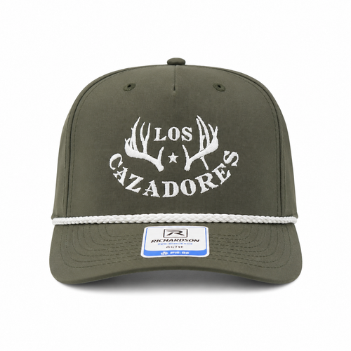Front view of the Los Cazadores military green rope cap with white horn logo embroidery and brim sticker on a clean white background.