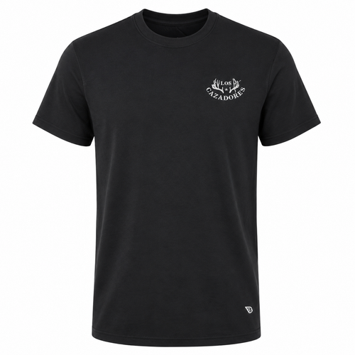 Men's Los Cazadores performance short sleeve crew neck t-shirt in black displayed on a male ghost mannequin against a white background, featuring a small white Los Cazadores antler logo on the left chest and a minimalist athletic design.