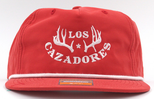 Los Cazadores Original Horns Logo Rope Cap Variant Color Red and White. Front View.