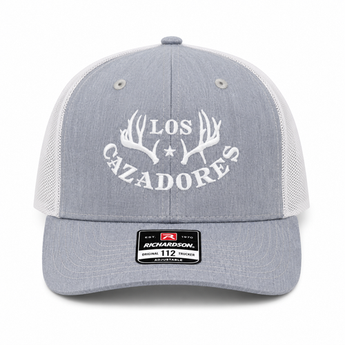 Front view of the Los Cazadores Heather Grey mesh-back cap Size XL with white horn logo embroidery and brim sticker on a clean white background.
