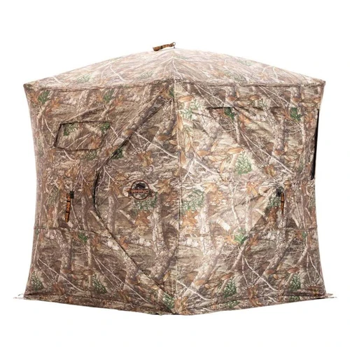Rhino 180 Pro pop-up hunting blind in Realtree camo, fully closed exterior view