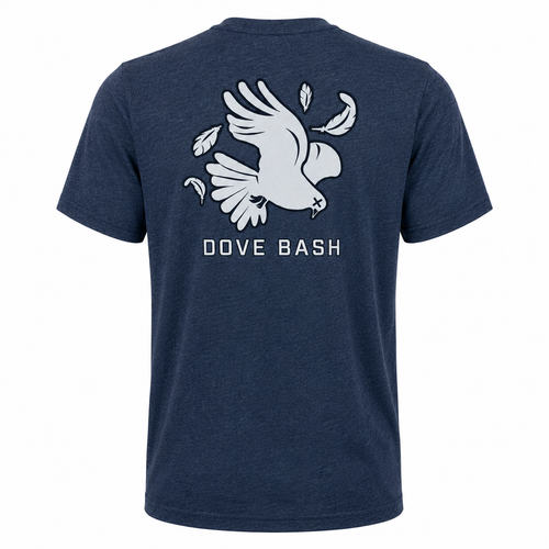 Men's Los Cazadores Dove Bash short sleeve t-shirt in heather navy displayed on a male ghost mannequin from the rear view against a white background, featuring a large white flying dove graphic with "Dove Bash" text printed across the upper back and a classic crew neck silhouette.